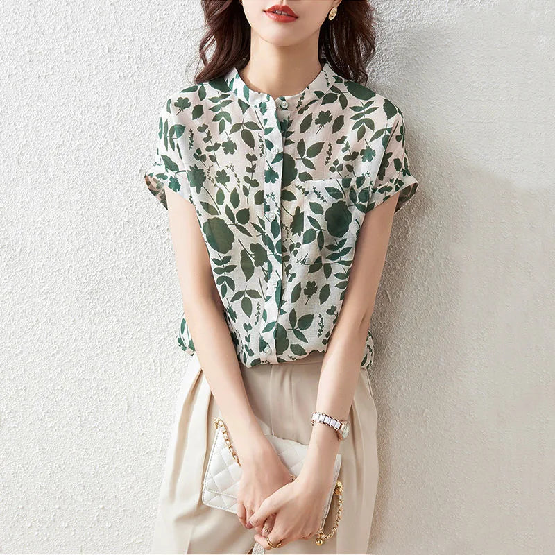 Blusas de verano para mujer, blusas informales de manga corta con cuello alto y estampado floral, SP1498