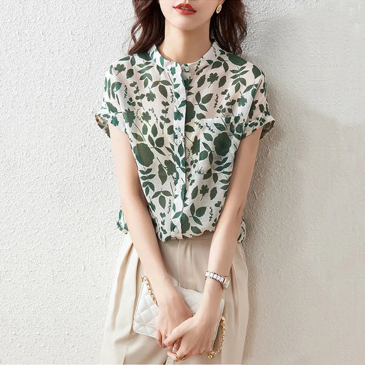 Blusas de verano para mujer, blusas informales de manga corta con cuello alto y estampado floral, SP1498