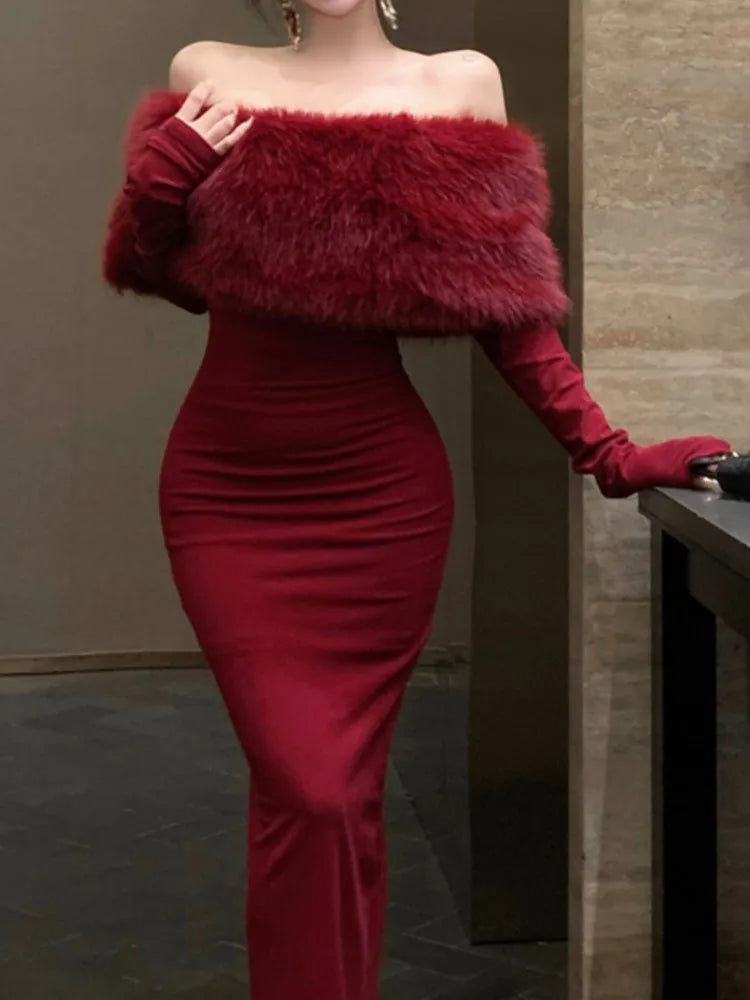 Fashion New Women Elegant Bodycon Midi Dress Long Sleeve Slim Solid Chic Vintage Christmas Party Prom Clothes Female Vestidos