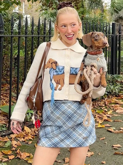 Casual Knitted Printed Dog Cardigan Women Vintage Cute Lapel Single Breasted Short Sweaters Female Autumn Chic Street Knitwear