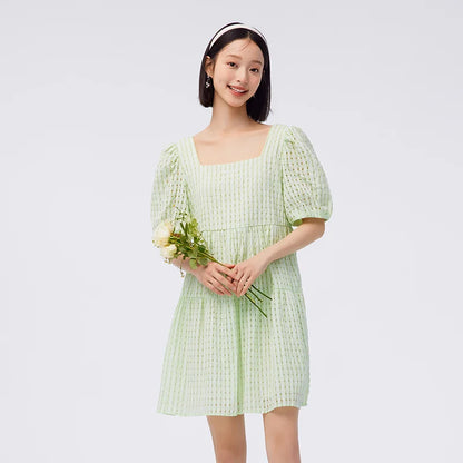 Vestido de mujer con textura a cuadros, fresco, de verano, nuevo, con cuello cuadrado, para bebé, dulce