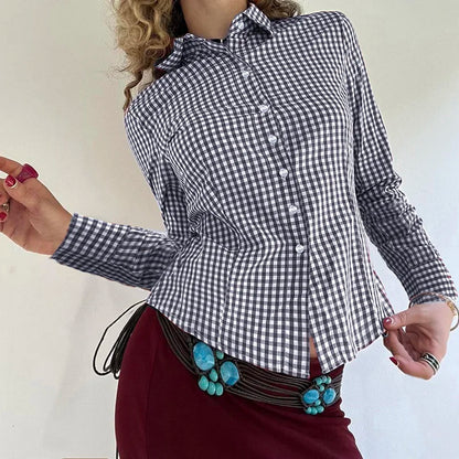 Camiseta Y2K con cuello vuelto para mujer, camiseta abotonada de manga larga, camiseta vintage ajustada, conjuntos de moda, top informal de otoño para mujer