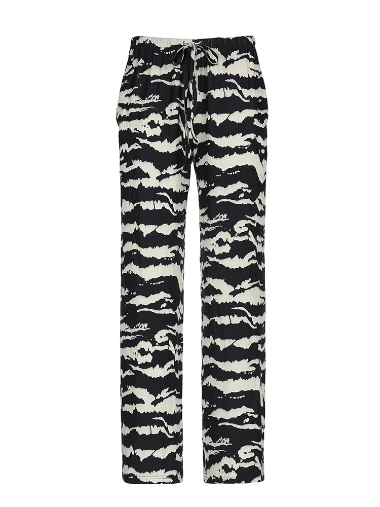 Pantalones rectos de punto con rayas de cebra para mujer, con cordón ajustable, cintura elástica, holgados e informales, conjuntos bohemios para vacaciones.