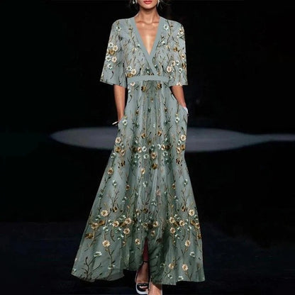 Fashion Print Party Long Dresses Women V-neck Half Sleeves Temperament Elegant A-line Evening Dress Female New Commuting Vestido