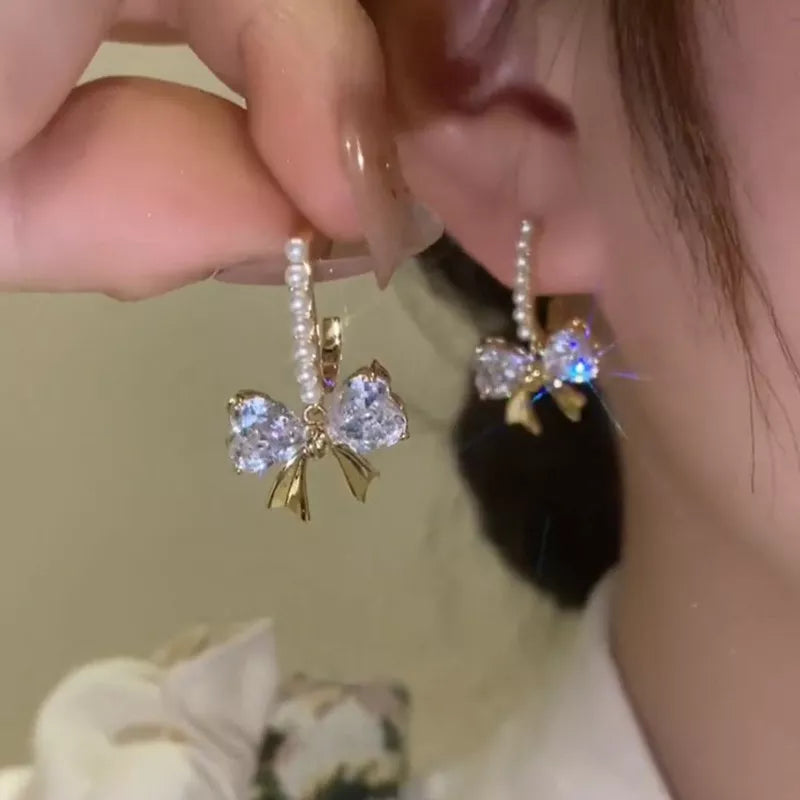 Lizakosht Peach Zircon Bow Earrings for Women Fashion Jewelry Gifts