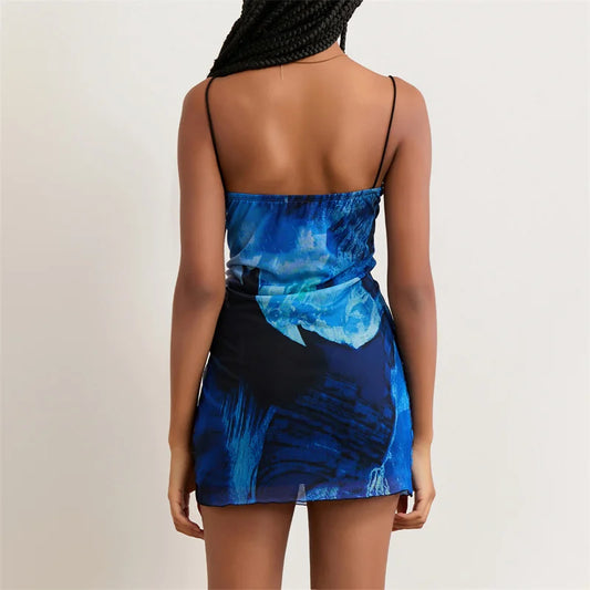 Vestido mini sexy de verano para mujer, estampado floral, cuello cuadrado, tirantes finos, sin mangas, vestido corto, vestidos de fiesta de noche