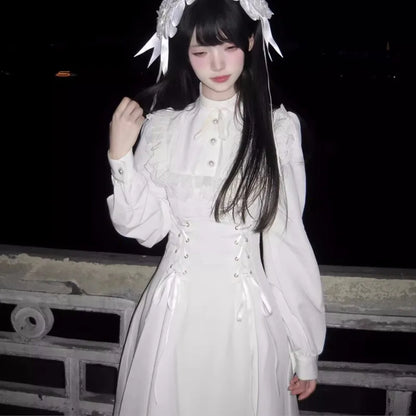 Vestidos midi estilo japonés Kawaii con cordones para mujer, vestido de fiesta de princesa, manga larga, cuello redondo, cintura alta, Y2K, vestidos góticos para mujer