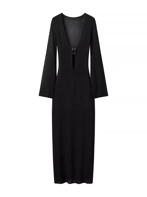 Vestido de otoño de punto calado para mujer, transparente, con escote en V, sin espalda, informal, para playa, vacaciones, maxivestido de punto, vestido de mujer nuevo