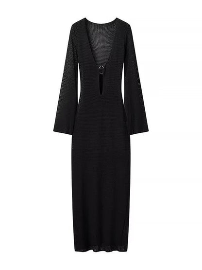 Vestido de otoño de punto calado para mujer, transparente, con escote en V, sin espalda, informal, para playa, vacaciones, maxivestido de punto, vestido de mujer nuevo