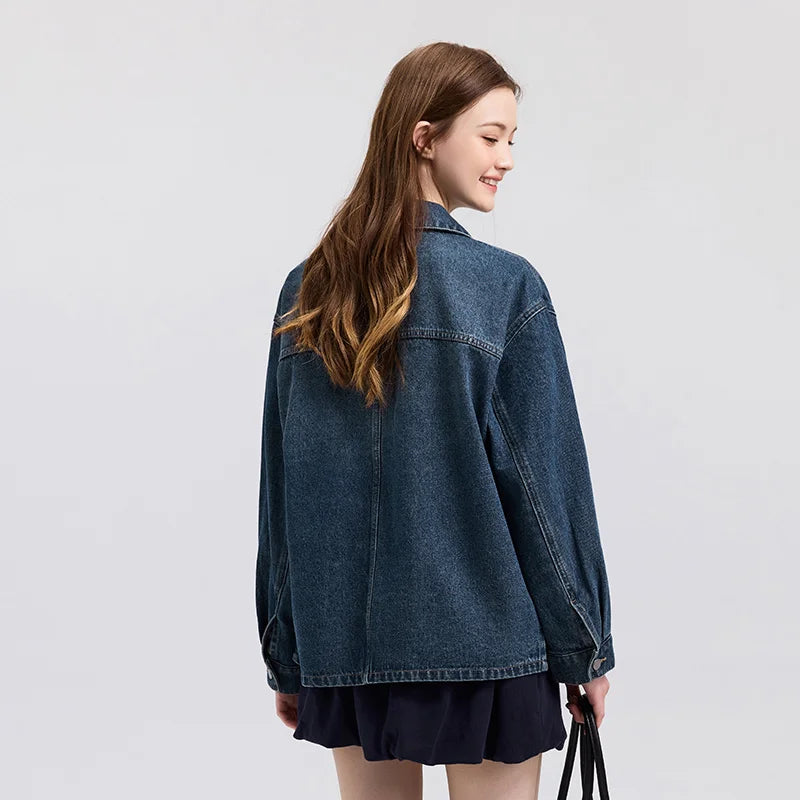 Denim Jacket Women Lapel Drop-shoulder Top Casual and Elegant 2025 Spring New Loose Jacket Instagram Trendy