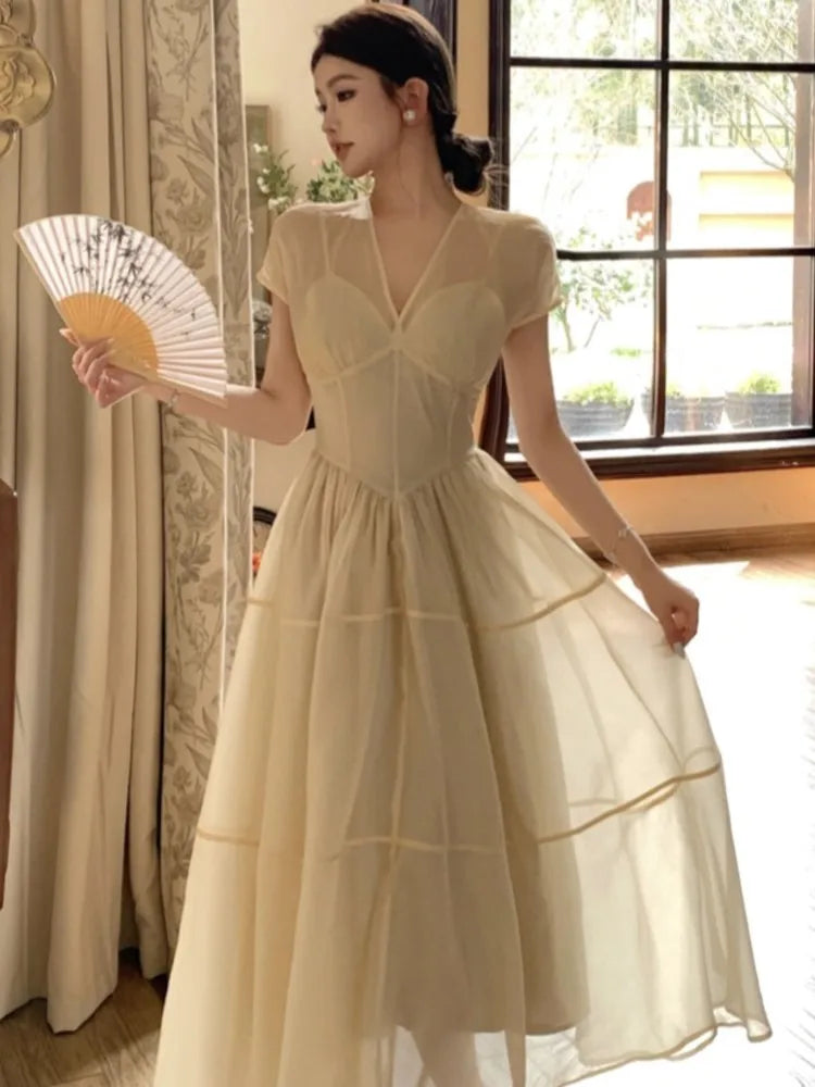 Vestidos largos elegantes para mujer, cuello en V, corte A, vestido de fiesta de cumpleaños, francés, informal, cintura alta, verano, nuevo, baile de graduación, vestidos retro para mujer