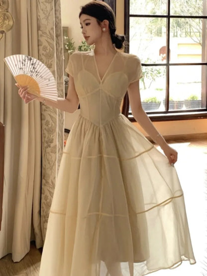Vestidos largos elegantes para mujer, cuello en V, corte A, vestido de fiesta de cumpleaños, francés, informal, cintura alta, verano, nuevo, baile de graduación, vestidos retro para mujer
