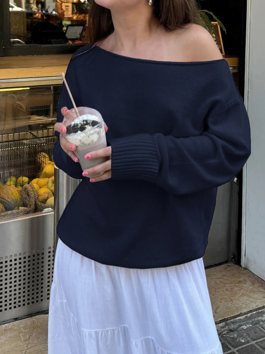 Suéteres minimalistas de color azul oscuro para otoño e invierno, para mujer, sencillos, básicos, informales, sueltos, de punto, color blanco