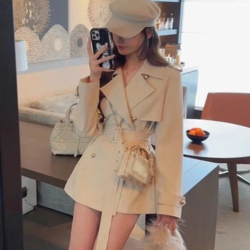 Elegante blazer de solapa para mujer, chaqueta cruzada de estilo británico con cinturón, ropa de abrigo informal de moda coreana para otoño