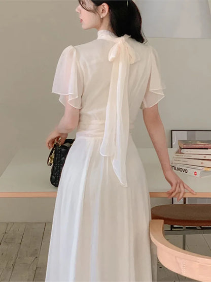 Elegantes vestidos midi sólidos para mujer, con volantes, cuello medio alto, corte en A, para oficina, informales, moda coreana, otoño, nuevos vestidos para mujer