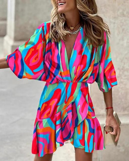 Summer Irregular Mini Dress Fashion Print Casual Elegant Bohemia Sundress Bat Sleeve Ruffles Vestidos Elegant Dresses For Women
