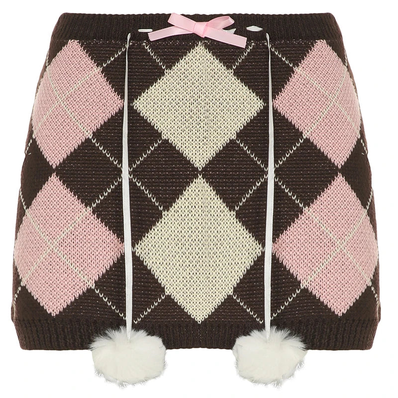 Faldas de punto otoñales con rombos, bonitas y dulces, a cuadros, con bolas de peluche y lazos, a la moda.