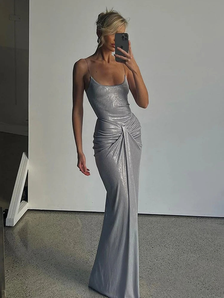 Spaghetti Strap Sexy Backless Maxi Dress Outfits Women Elegant Birthday Vestido 2025 New Club Party Ruched Dresses Female