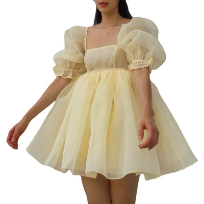 Vestidos abullonados para mujer, estilo Y2K, color sólido, escote cuadrado, mangas abullonadas, vestidos de fiesta dulces de los años 2000, ropa de calle