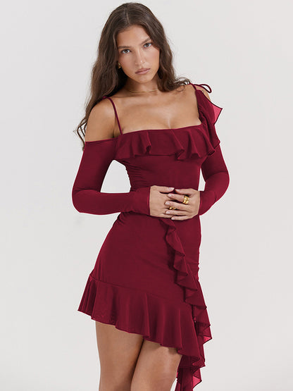 Vestido mini sexy de manga larga con cuello de una línea y doble capa para mujer, ajustado, con volantes irregulares, para fiesta y club.