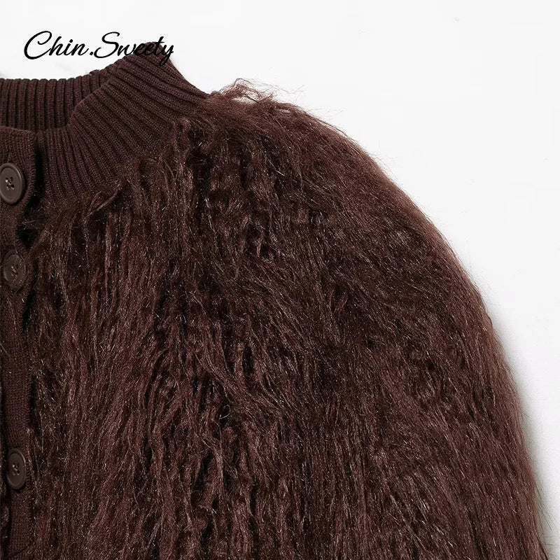 Abrigos de piel burdeos de moda para mujer, chaquetas holgadas, cálidas, gruesas, con cuello redondo y manga larga, para otoño e invierno, prendas de vestir para fiestas 2025