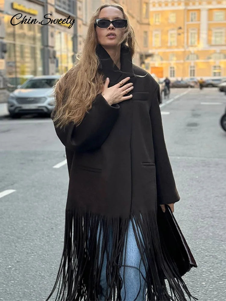 Abrigo largo de lana con borlas para mujer, chaqueta holgada de manga larga con solapa y botonadura sencilla, color marrón, primavera 2025