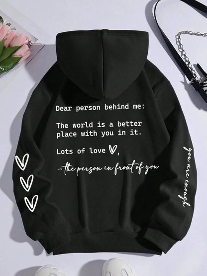 Sudadera con capucha y estampado gráfico de letras "Dear Person Behind Me" para mujer, suave, abrigada, de forro polar, informal, holgada, para otoño