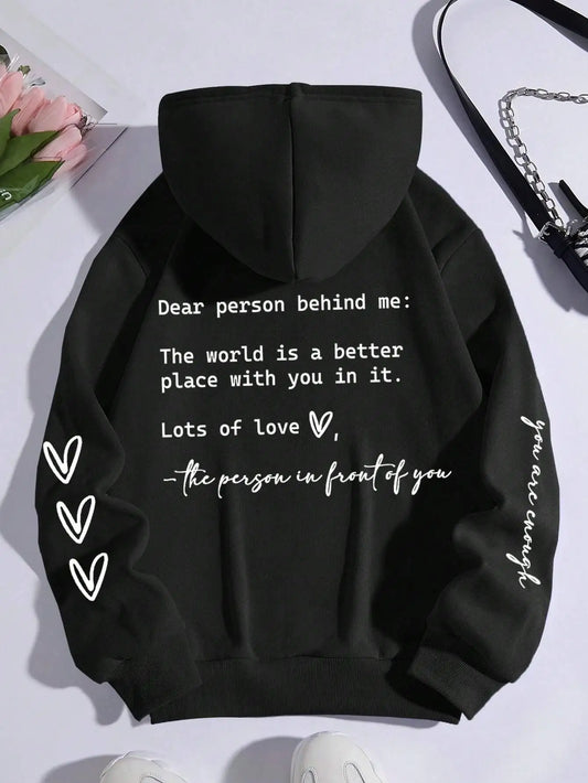 Sudadera con capucha y estampado gráfico de letras "Dear Person Behind Me" para mujer, suave, abrigada, de forro polar, informal, holgada, para otoño