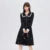 Vestido de mujer con mangas abullonadas y estampado completo, negro, de invierno, con solapa de encaje.