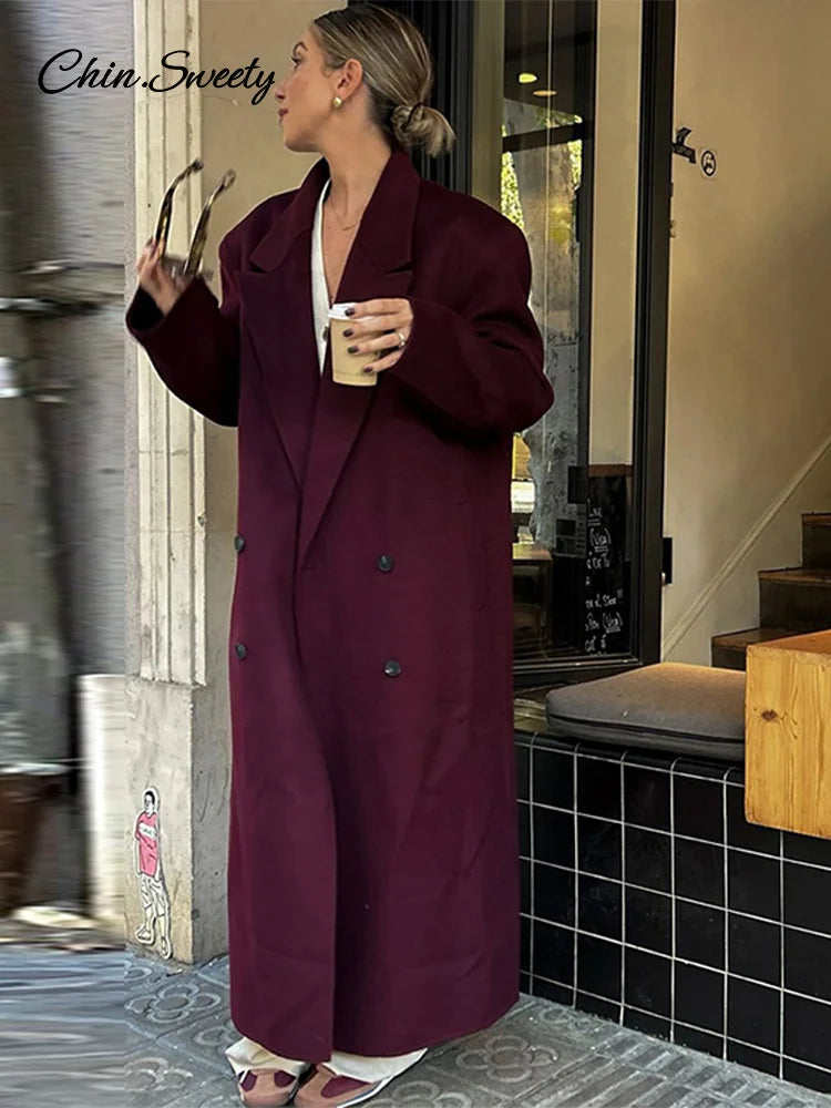 Abrigo largo de lana burdeos y rojo a la moda para mujer, con hombreras extragrandes, manga larga, doble botonadura, ropa de calle de otoño para mujer