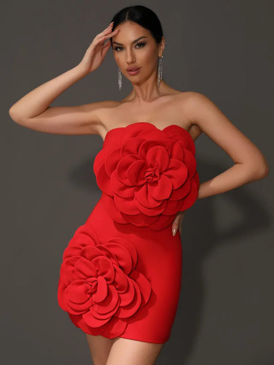 Orenda Strapless Dress with Red Flower Applique