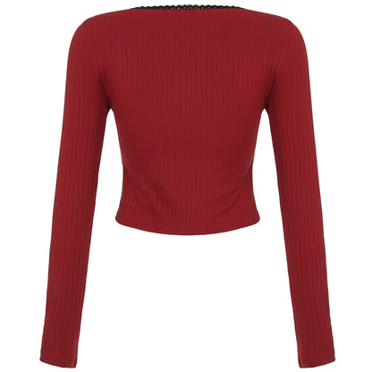Blusas navideñas de manga larga con cuello cuadrado y ribete de encaje para mujer, bonitas y con un toque festivo.