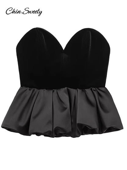 Sexy Off Shoulder Velvet Spliced Tube Top Women Black Backless Strapless Ruched A-line Tank Female 2025 Fashion Lady Party Gown