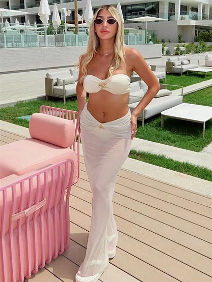 Female 2 Piece-Set Beach Holiday Long Skirt Casual Patchwork Sexy Backless Bikini Swimwear Outfits Women’s Maxi Skirt Sets