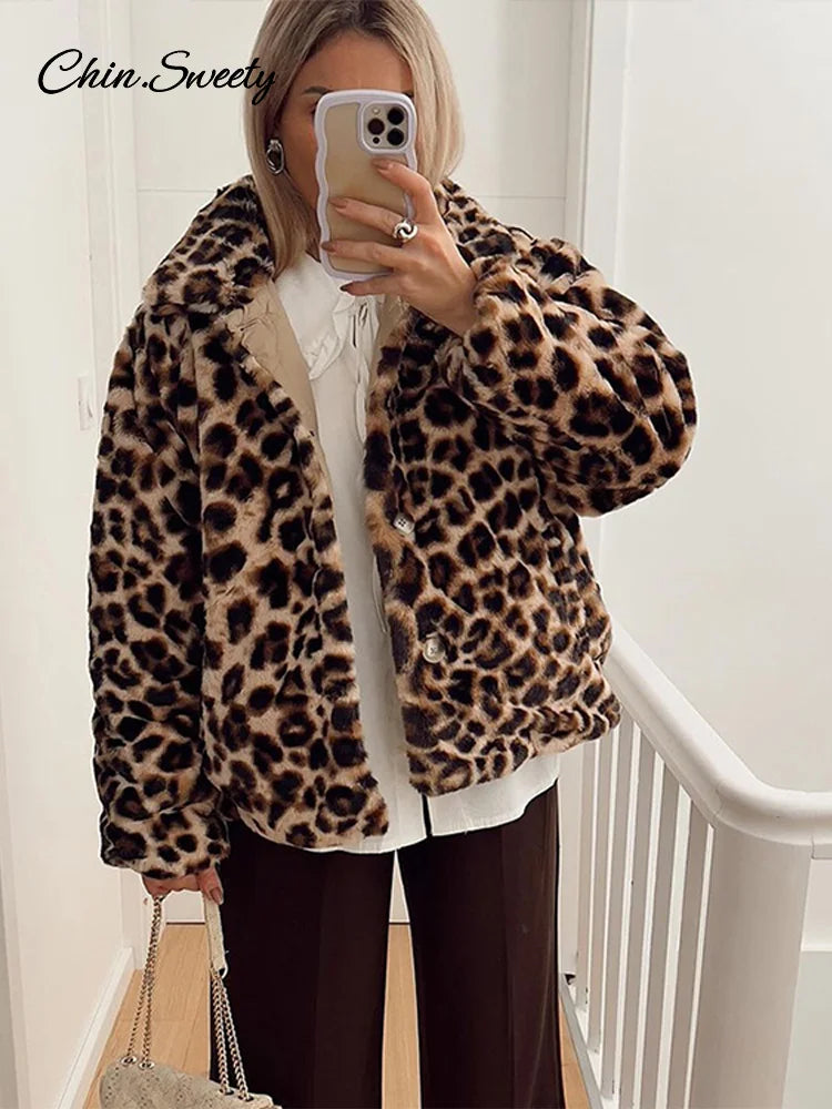 Parkas acolchadas de leopardo de doble cara para mujer, abrigo vintage de polar con solapa y botones, de manga larga, ropa de abrigo gruesa y cálida para mujer 2025