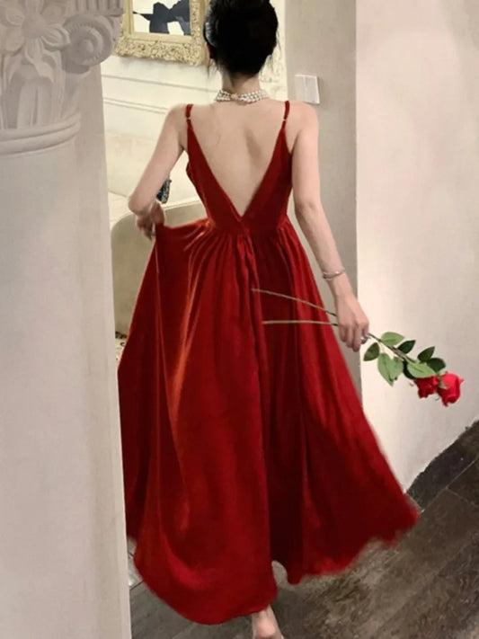 Vestido de fiesta de noche sexy con tirantes finos, escote en V, corte en A, liso, vintage, largo, para mujer, boda, graduación, bata de una pieza