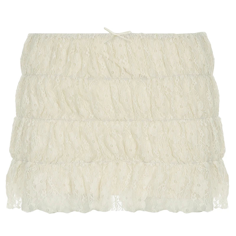 Sweet Cute Balletcore Women Mini Skirts Solid Lace Bow Ruched Cake Skirt Spring Summer Trendy Clothes