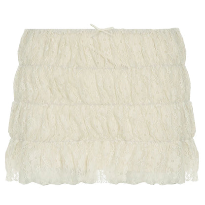 Sweet Cute Balletcore Women Mini Skirts Solid Lace Bow Ruched Cake Skirt Spring Summer Trendy Clothes