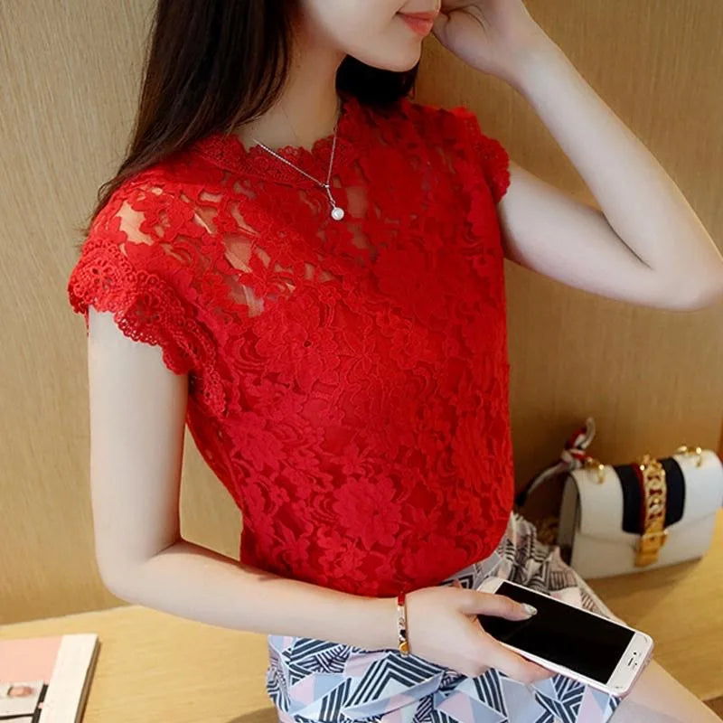 Blusa de encaje calado de verano, elegante, para mujer, de crochet, de manga corta, DF1591
