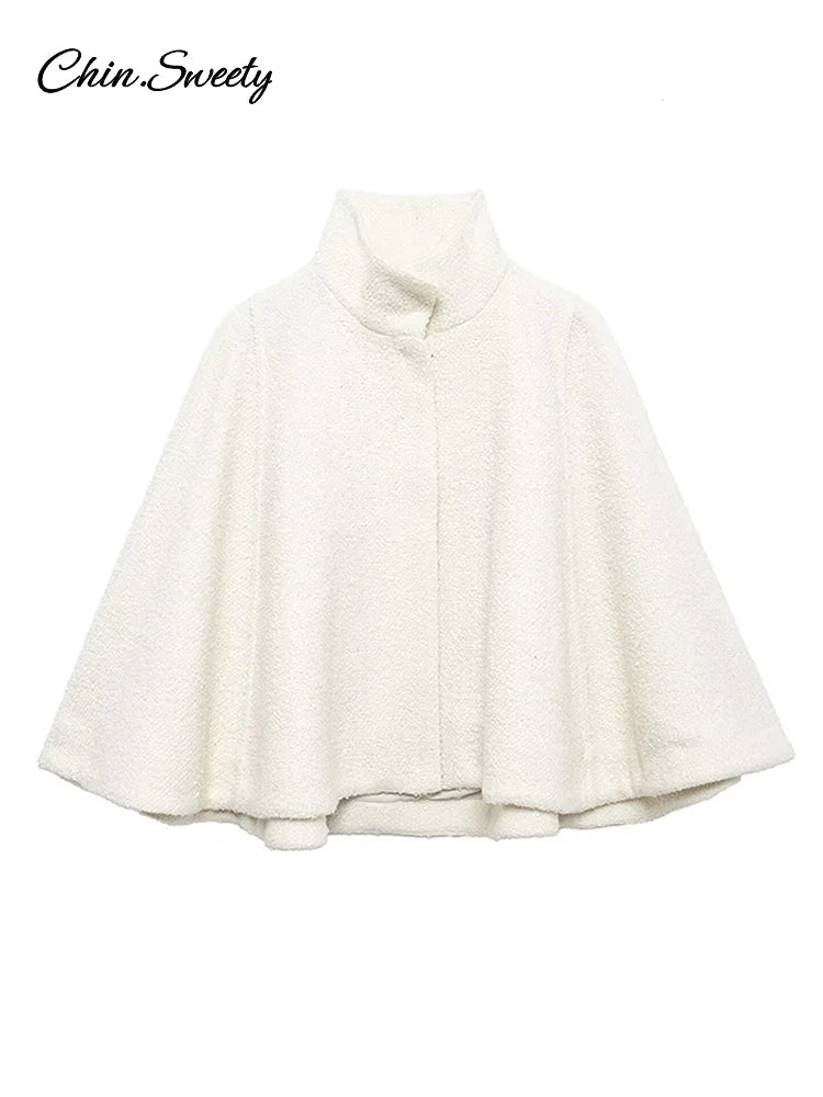 White Loose Short Cape Coat Women Autumn Winter Thick Single Buckle Batwing Sleeve Cloaks Jacket Lady Elegant Warm Outwear New