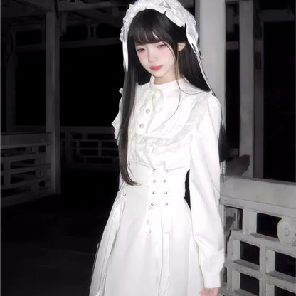 Vestidos midi estilo japonés Kawaii con cordones para mujer, vestido de fiesta de princesa, manga larga, cuello redondo, cintura alta, Y2K, vestidos góticos para mujer