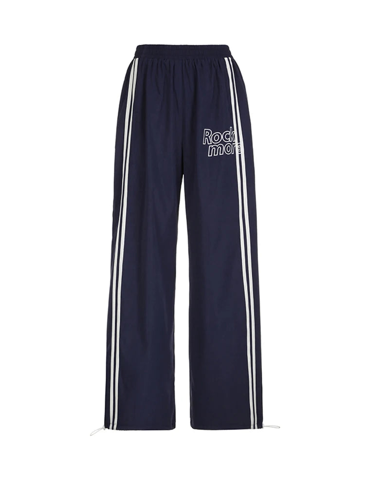Pantalones rectos holgados de cintura alta con elástico y rayas laterales para mujer, pantalones holgados estilo hippie con estampado de letras, ropa de calle preppy