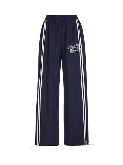 Pantalones rectos holgados de cintura alta con elástico y rayas laterales para mujer, pantalones holgados estilo hippie con estampado de letras, ropa de calle preppy