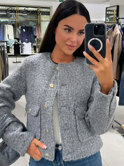 Elegant Woolen Blends Coat For Women O-neck Metal Button Gray Long Sleeve Pockets Jackets  Autumn Lady High Street Outwear