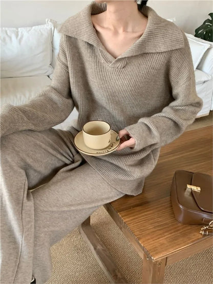 Conjunto de dos piezas de punto para mujer, jersey de solapa, pantalones largos, moda coreana, ropa informal femenina, prendas de punto, otoño e invierno, nuevo