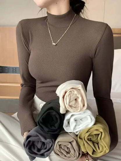 Suéter de cuello alto para mujer, suéter vintage de punto básico liso, jersey informal ajustado, moda coreana, jerséis sencillos y elegantes para otoño e invierno.