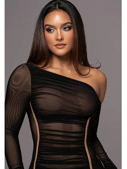 Elegante vestido de malla de retazos de manga larga para mujer, elástico, ajustado, de doble capa, para fiesta y noche