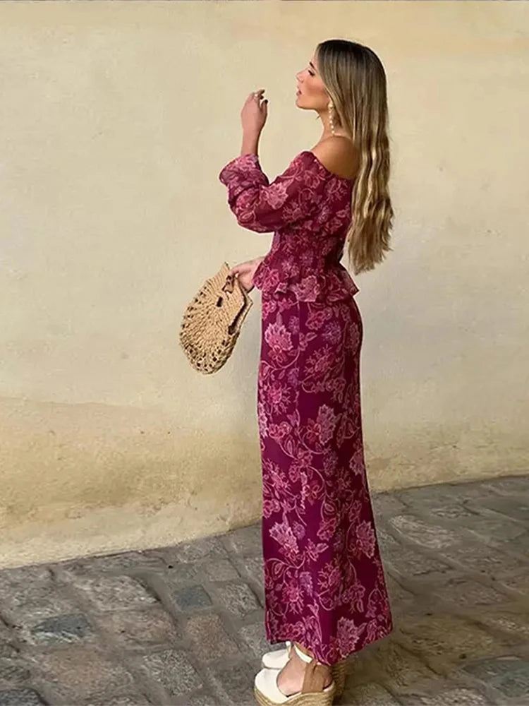 Conjunto de falda y top con estampado vintage para mujer, de un solo hombro, manga larga, cintura alta, dobladillo con volantes, falda con abertura alta, trajes de playa para vacaciones.