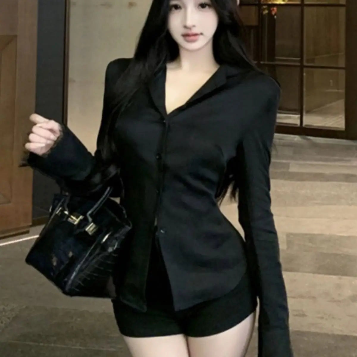 Blusa básica elegante de manga larga con cuello en V y encaje juvenil, color negro, sin espalda, informal, para oficina, color blanco