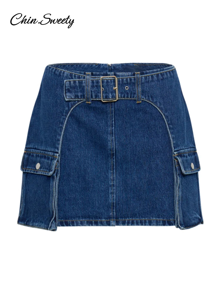 Y2K Off Shoulder Denim Tops Skirt Sets Women Slim Skew Collar Sleeveless Crop Vest Bodycon Skirts 2025 Lady Street 2 Pieces Suit